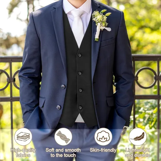 BSBUY Gilets Costume Homme, 3/1PCS Ensemble Paisley Floral Jacquard avec Mouchoir Pocheet Cravate/Couleur Unie Classique Gilets sans Manches à col en V, Gilets Mariage, Costume D'affaires(M~XL) 1pcs-noir XL